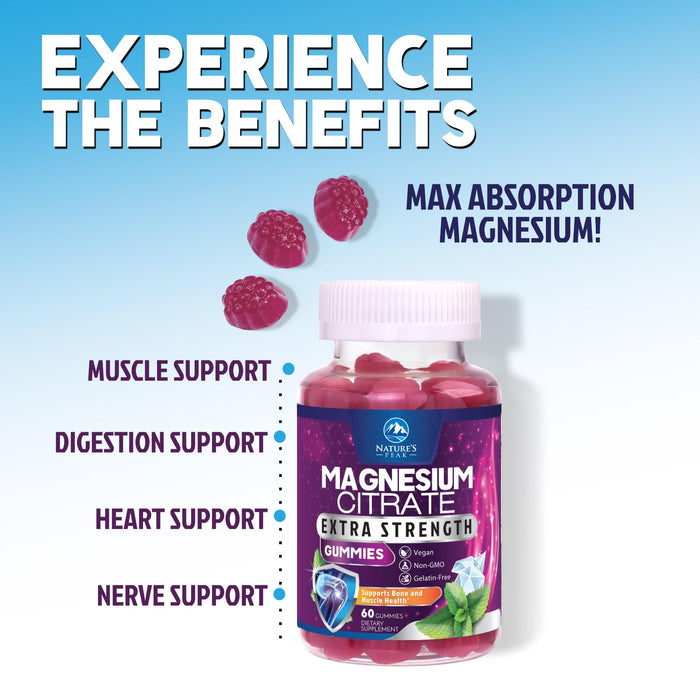 Magnesium Citrate Supplement Gummies - High Absorption Magnesium Gummy for Adults & Kids, Magnesio Citrate Supplements for Bone, Muscle Health, Heart Support, Vegan, Gluten Free, Non-GMO - 60 Gummies
