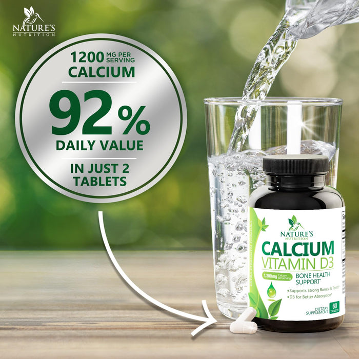 Calcium Supplement with Vitamin D - 1200 mg Calcium Carbonate with 1600 IU of D3 Vitamins - Supports Bone Strength, Teeth & Immune System - Natural & Easily Absorbable for Women & Men - 60 Tablets