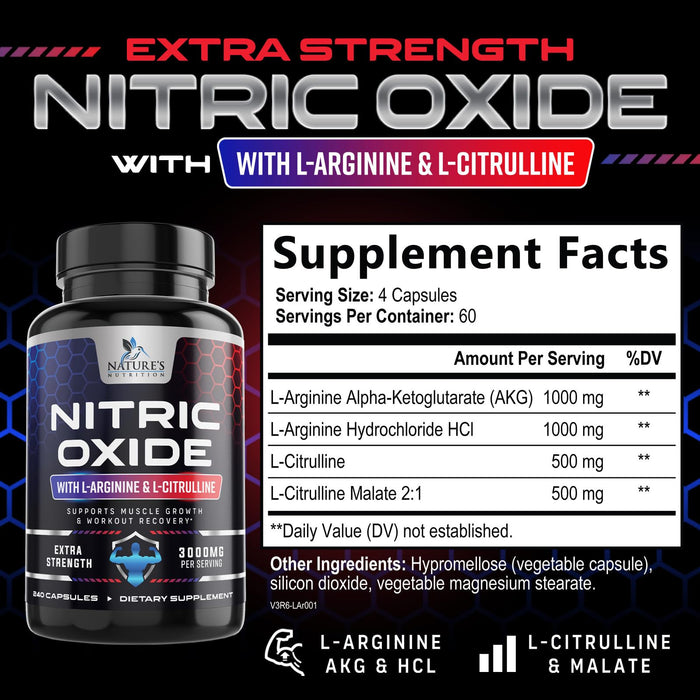 Nitric Oxide Formula with L-Arginine + Citrulline – 3000mg – 240 Capsules