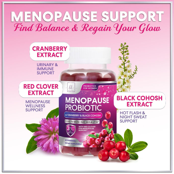 Menopause Supplements for Women Gummies with Black Cohosh, Cranberry 3 Billion CFU Probiotics - Complete Menopause Balance Relief for Hot Flashes, Night Sweats, PH, Vaginal Health Support - 60 Gummies
