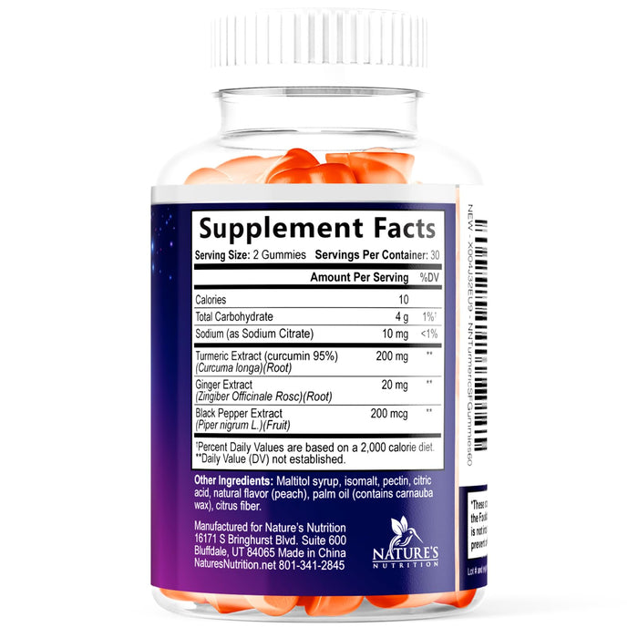 Turmeric Supplement Gummies Sugar Free - Turmeric Curcumin and Ginger Gummies with Black Pepper Extract for High Absorption, Turmeric Curcumin Gummy for Joint Support, Non-GMO, Gluten Free, 60 Count
