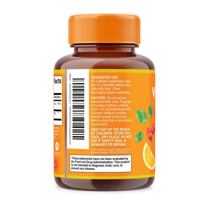 Vitamin C 1000mg Chewable Supplement - Extra Strength Immune Support Vitamin C Dietary Supplement with Rose HIPS, Nature's VitaminC Antioxidant Support, Natural, Vegan, Orange Flavor - 120 Tablets