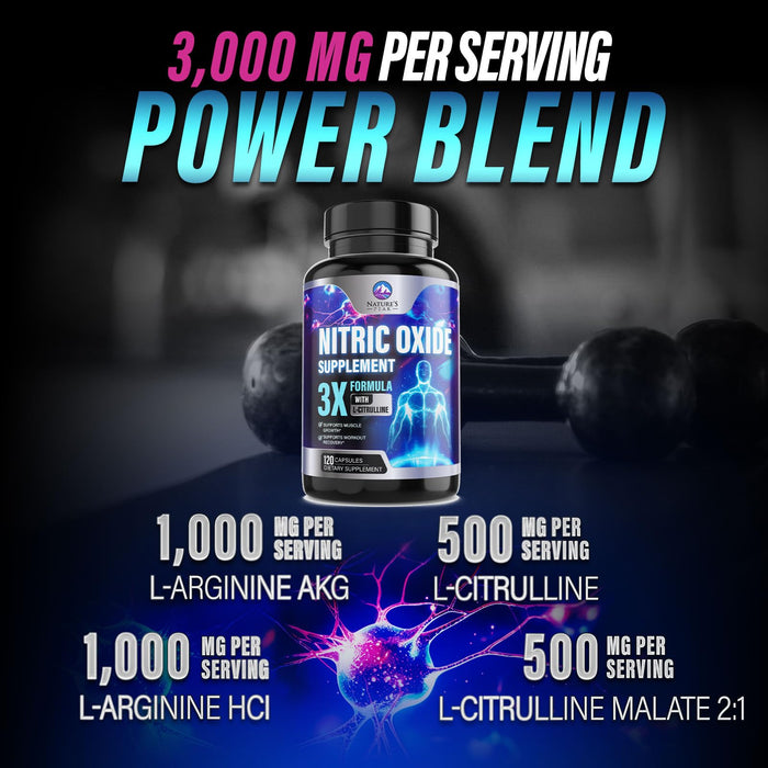 Nitric Oxide Supplement 3000mg L Arginine 3X Strength - Citrulline Malate & AKG - Extra Strength Muscle Supporting Nitric Booster for Muscle Growth & Workout Recovery to Train Harder - 120 Capsules