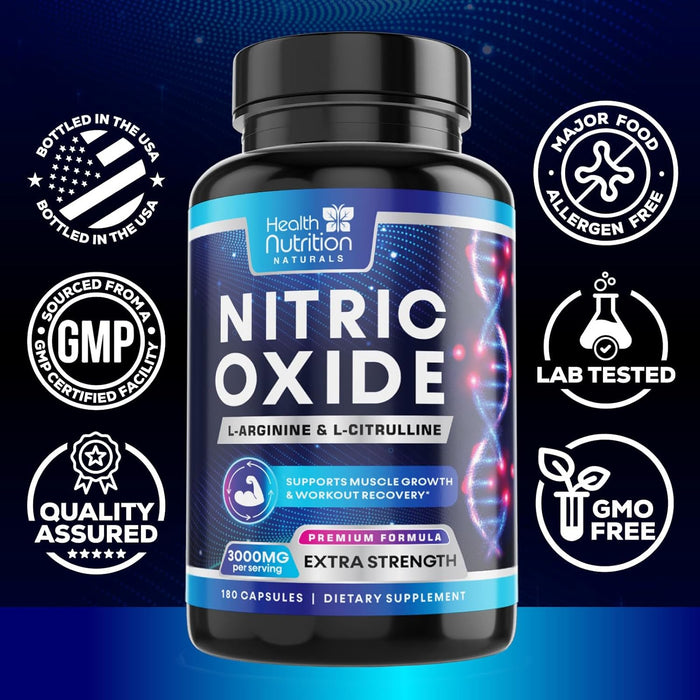 Extra Strength Nitric Oxide Supplement 3X Strength L Arginine, Citrulline Malate, AAKG, Beta Alanine - Premium Muscle Supporting Nitric Booster - Natural Energy & Heart Health Support - 180 Capsules
