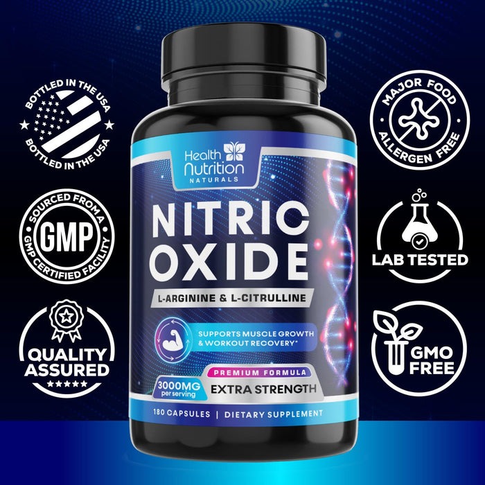 Extra Strength Nitric Oxide Supplement 3X Strength L Arginine, Citrulline Malate, AAKG, Beta Alanine - Premium Muscle Supporting Nitric Booster - Natural Energy & Heart Health Support - 180 Capsules
