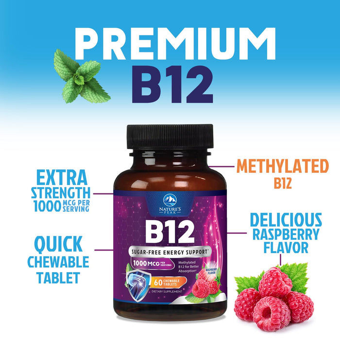Vitamin B12 1000 mcg (Methylcobalamin) Super B 12 Complex Dietary Supplement for Energy & Immune Support, Vegan, Sugar-Free, Sublingual, Tasty Raspberry Flavor - 60 Chewable Tablets, 60 Day Supply
