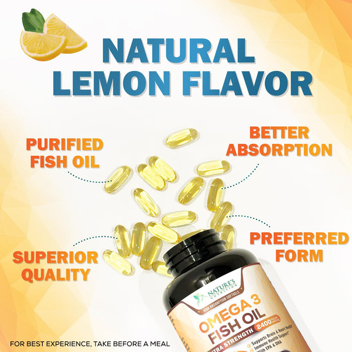 Omega 3 Fish Oil 2400 mg â€“ Triple Strength EPA & DHA Fatty Acids for Heart, Brain & Joint Support â€“ Wild-Caught, Burpless, Lemon Flavor Supplement â€“ Natural, Non-GMO, Gluten-Free â€“ 180 Softgels