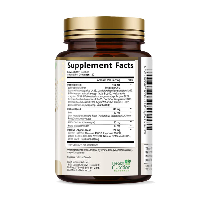 Probiotics 50 Billion CFU + 10 Strains - Daily Probiotic Lactobacillus Blend for Immune, Digestive & Gut Health Support, Prebiotics and Probiotics, Gas & Bloating for Women & Men - 120 Capsules