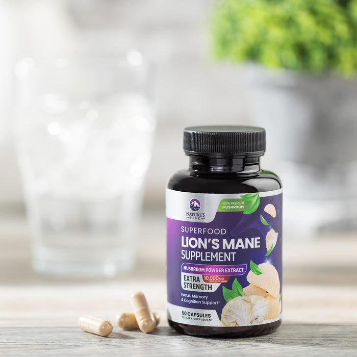 Lions Mane Mushroom Capsules 10,000mg - Lionâ€™s Mane Supplement Capsules for Memory and Focus Support, Brain, Immune Health Support, Vegan, Bottled in USA, Lions Mane Mushroom Powder Extract, 60 Count