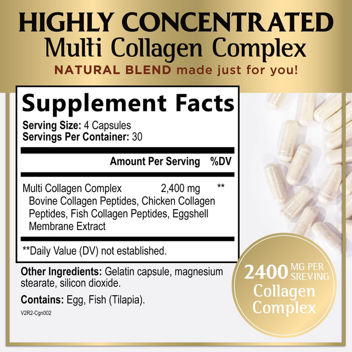 Multi Collagen Peptides for Women – 2400mg Best Hydrolyzed Collagen Complex with 5 Types (I, II, III, V, X) - Grass Fed - Hair, Skin, Nail, Bone & Joint Support for Beauty & Wellness – 120 Capsules