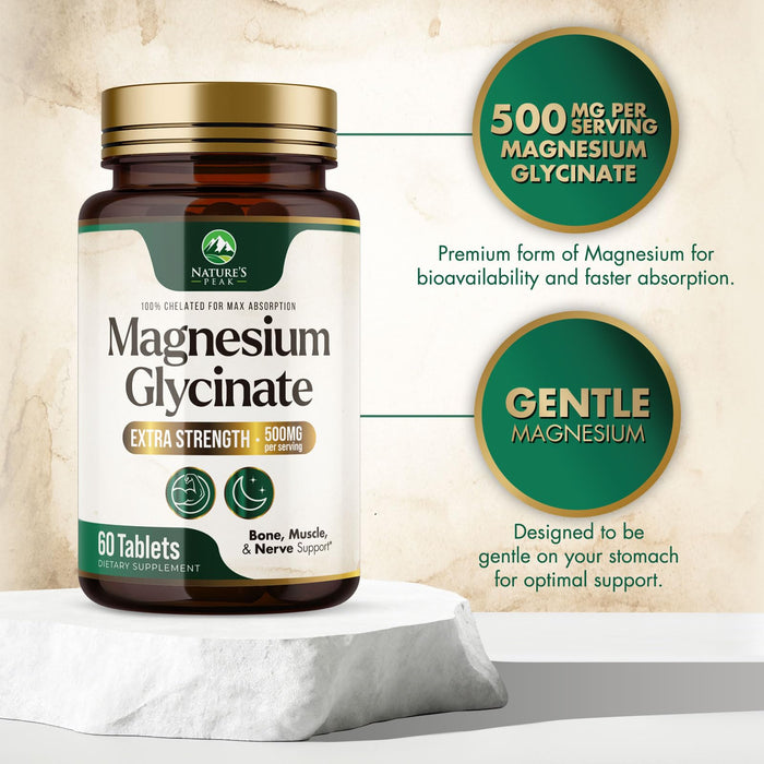 Magnesium Glycinate 500mg - Chelated for Ultra Absorption - Supports Bone, Muscle, Nerves & Heart Health, Nature's Sleep Support, Best Magnesium Supplement Pills for Whole Body Support - 60 Tablets