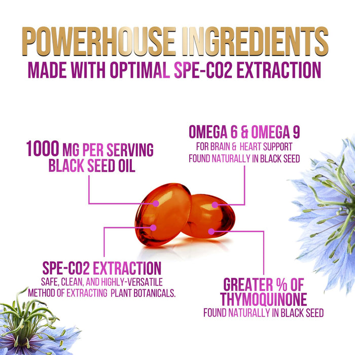 Black Seed Oil 1000mg - Premium Extra Strength Nigella Sativa Blackseed Oil - Black Seed Oil Skin, Digestive Health & Immune Support - Non-GMO Antioxidant, Gluten Free Supplement - 60 Softgels
