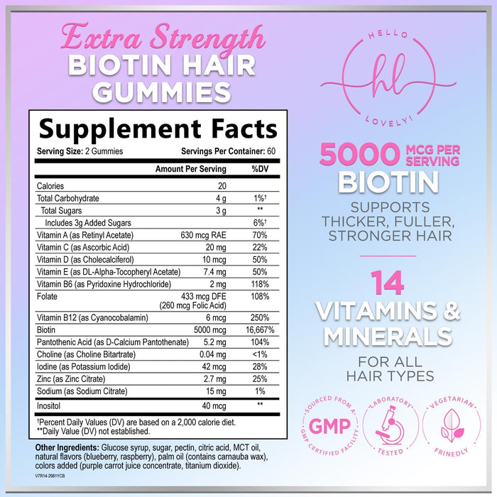 Hair Vitamins Gummies - Biotin 5000 mcg with Vitamin E, C & Zinc, Hair Growth Vitamins for Women & Men - Stronger, Beautiful Hair, Skin & Nails Supplement, Non-GMO & Gluten-Free - 120 Gummy Bears