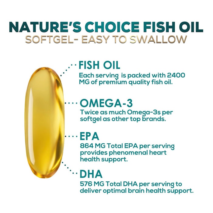 Omega 3 Fish Oil Supplement 2400 mg - Triple Strength EPA & DHA Fish Oil Omega 3, Essential Fatty Acids Supplement Softgels, Brain & Heart Health Support Supplements, Gluten Free Non-GMO, 180 Softgels