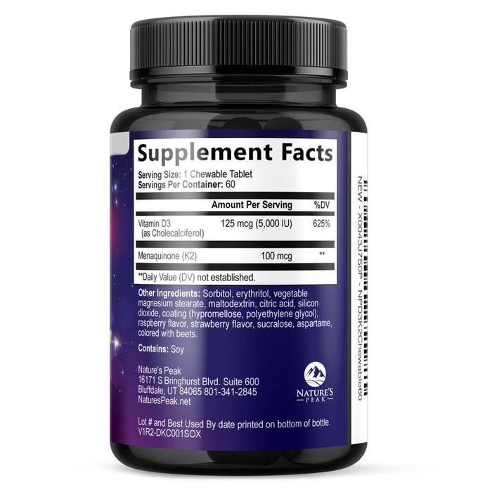 Vitamin D3 K2 - 5000 iu Vitamin D3 & 100 mcg Vitamin K2 (MK-7) Complex for Immune Support - Bone, Teeth & Muscle Health Support - Berry Chewable, Gluten Free, Non-GMO, Made in USA - 60 Tablets