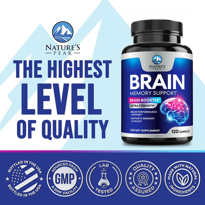 Brain Memory Supplement Pills - Nootropics Support for Concentration, Clarity, Alertness & Focus - Brain Health with Bacopa, Cognitive Vitamins, Phosphatidylserine, DMAE - Brain Booster - 120 Capsules