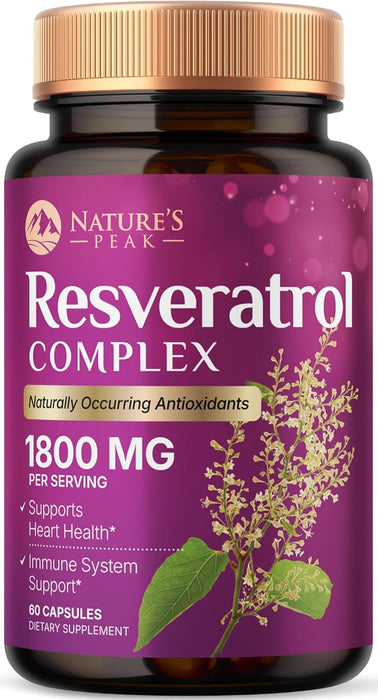 100% Natural Resveratrol 1800mg - 3X Strength Trans-Resveratrol Pills for Heart Health, Best Resveratrol Supplements, Potent Polyphenols Antioxidant Complex, Non-GMO, Bottled in USA - 60 Capsules