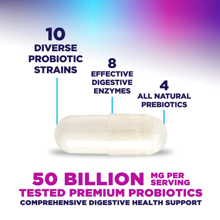 Probiotics 60 Billion CFU - 10 Strains + Digestive Enzymes & Prebiotics - Best Probiotic for Women & Men, Supports Immune, Gut Health, Occasional Constipation, Diarrhea, Gas & Bloating - 120 Capsules