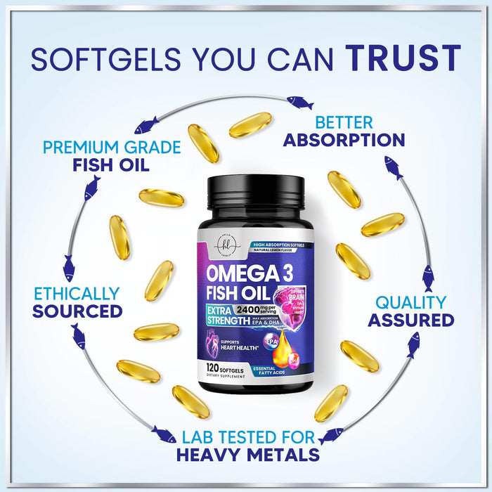 Omega 3 Fish Oil Supplements 2400mg - Triple Strength Omega 3 Fatty Acids, Natural Heart Health Brain & Joint Support - Fatty Acids with EPA & DHA - Wild Caught Fish Oil Supplement - 120 Softgels