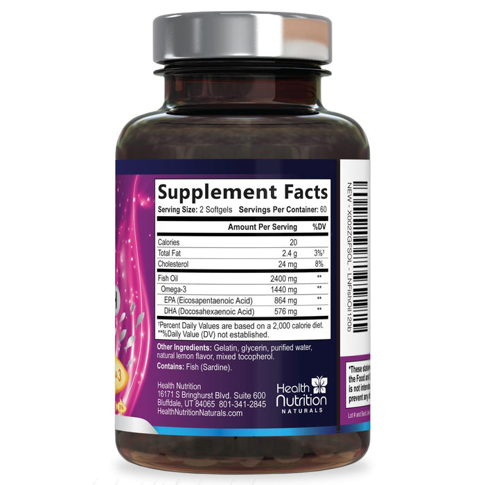 Omega 3 Fish Oil 2400 mg - Triple Strength Omega3, EPA & DHA Fatty Acids Supplement - Natural Support for Immune, Heart & Brain Health - Wild Caught, Non-GMO, Lemon Flavor, Burpless - 120 Softgels