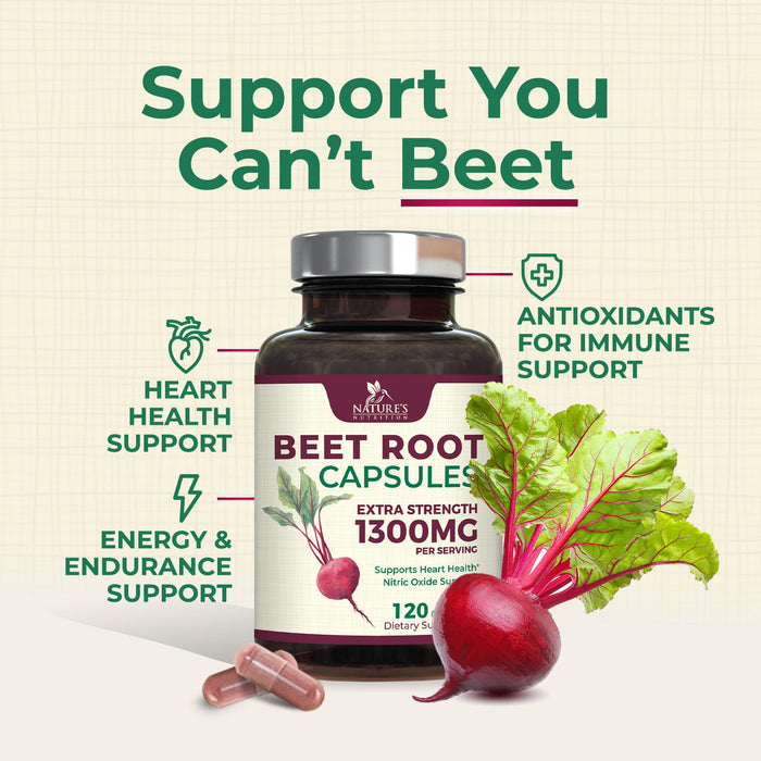 Beet Root Capsules 1300mg - Extra Strength Red Beetroot Powder Supplement â€“ Supports Nitric Oxide Production, Heart Health & Natural Energy â€“ Non-GMO, Vegan, Gluten Free â€“ 120 Veggie Capsules
