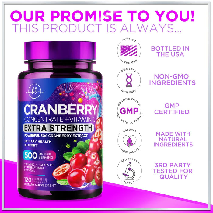 Cranberry Supplement 25,000mg Formula + Vitamin C – Urinary Tract Health Support for Women & Men, 50:1 Whole Fruit Cranberry Extract Pills for Women, Sugar-Free, Non-GMO, Gluten-Free - 120 Capsules