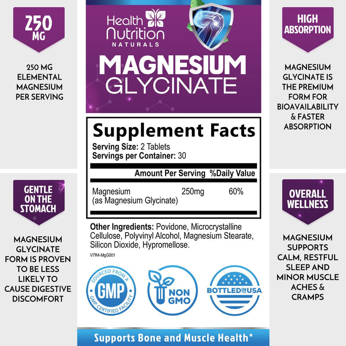 Magnesium Glycinate 250mg - 100% Chelated Magnesium for Max Absorption - Sleep Support, Muscle, Nerves, Bone & Heart Health Support, Best Mag Supplement, Vegan Non-GMO, 3rd Party Tested - 60 Tablets