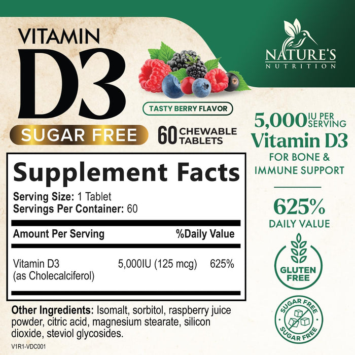 Vitamin D3 5000 IU (125 mcg) Nature's Vitamin D Chewable for – 60 Count Tablets