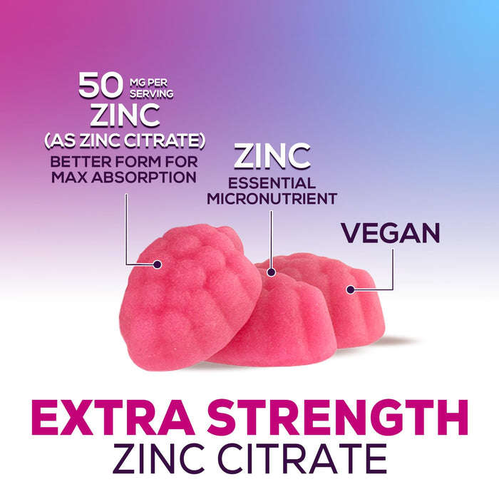 Zinc Supplement 50mg Gummies for Adults - Max Strength Skin Health & Immune Support Gummy, Vegan, Non-GMO & Gluten Free, Nature’s Antioxidant & Bone Health Chewable Tasty Berry Flavor - 60 Gummies
