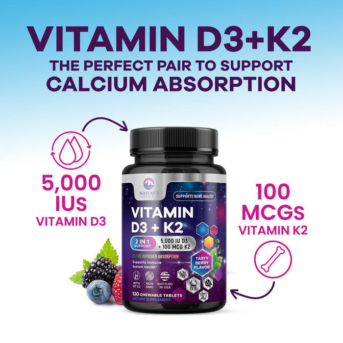 Vitamin D3 K2 - 5000 iu Vitamin D3 & 100 mcg Vitamin K2 (MK-7) Complex for Immune Support - Bone, Teeth & Muscle Health Support - Berry Chewable, Gluten Free, Non-GMO, Made in USA - 120 Tablets