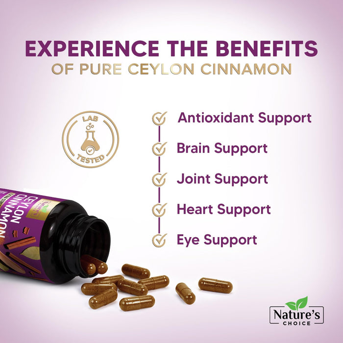Ceylon Cinnamon Capsules 1800mg - Certified Organic Cinnamon, Bottled in USA, & Pure Extra Strength Ceylon Cinnamon Supplement, Antioxidant Pills, Non-GMO & Gluten Free, Sugar Free - 60 Capsules
