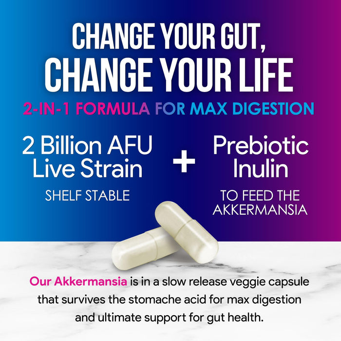 Akkermansia Probiotic Supplement - 2 Billion AFU GLP-1 Supplement with Prebiotic Fiber - Akkermansia Muciniphila GLP-1 Probiotics for Women & Men - Digestive, Gut & Immune Support - 120 Capsules