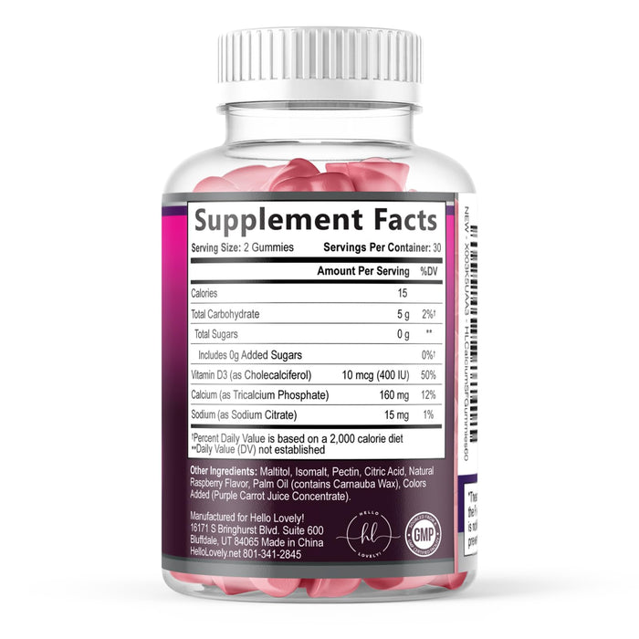 Calcium Supplements for Women - Sugar Free Calcium Gummies with Vitamin D3 for Bone Strength, Teeth & Immune Health Support, Natural Chews for Women & Men - Raspberry Flavored & Non-GMO - 60 Gummies