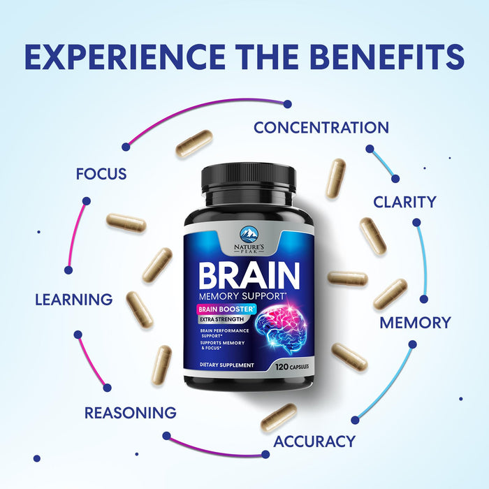 Brain Memory Supplement Pills - Nootropics Support for Concentration, Clarity, Alertness & Focus - Brain Health with Bacopa, Cognitive Vitamins, Phosphatidylserine, DMAE - Brain Booster - 120 Capsules