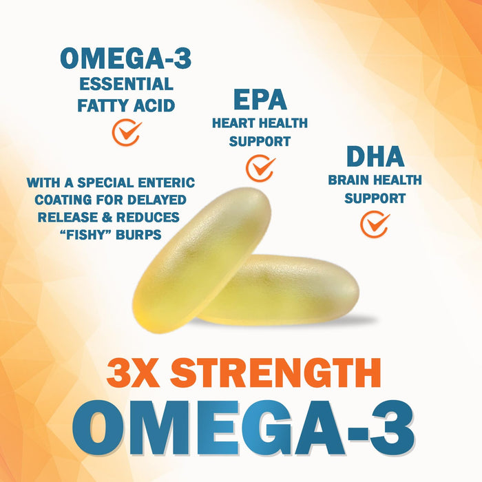Omega 3 Fish Oil 2400 mg - Triple Strength EPA & DHA Fatty Acids for Heart, Brain & Joint Support Wild-Caught, Burpless, Lemon Flavor Supplement Natural, Non-GMO, Gluten-Free - 240 Softgels