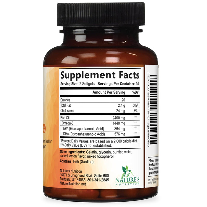 Omega 3 Fish Oil 2400 mg - Triple Strength EPA & DHA Fatty Acids for Heart, Brain & Joint Support Wild-Caught, Burpless, Lemon Flavor Supplement Natural, Non-GMO, Gluten-Free - 60 Softgels