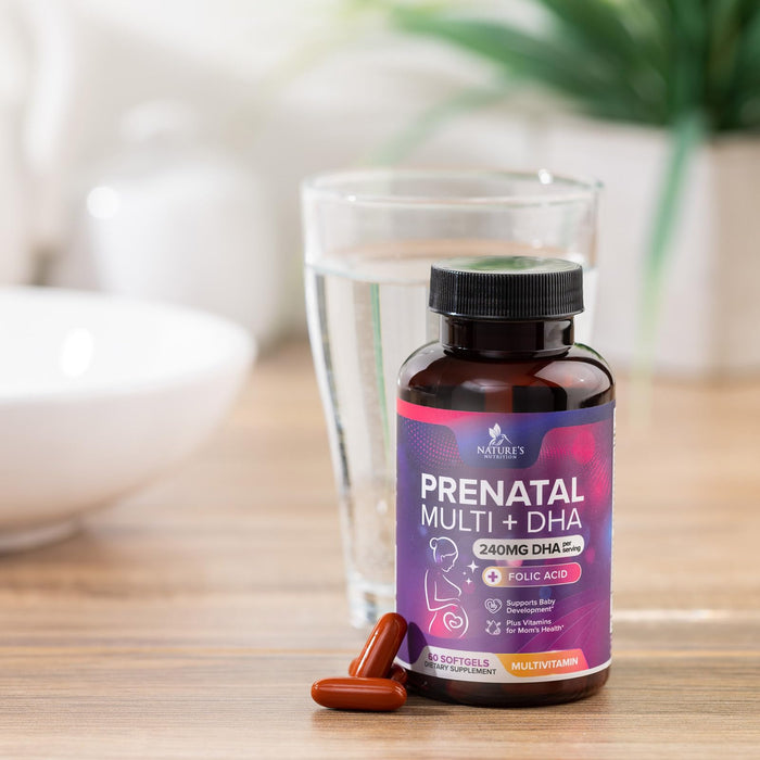 Prenatal Vitamins with Folic Acid & DHA, Fetal Brain Development Support with Folate & Omega 3's, Prenatal Multivitamin for Women, Vitamin A, C, D, B6, B12 & Iron, Pregnancy Supplement - 60 Softgels