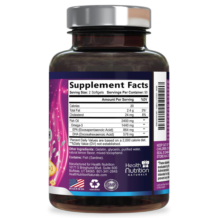 Omega 3 Fish Oil 2400 mg - Triple Strength Omega3, EPA & DHA Fatty Acids Supplement - Natural Support for Immune, Heart & Brain Health - Wild Caught, Non-GMO, Lemon Flavor, Burpless - 240 Softgels