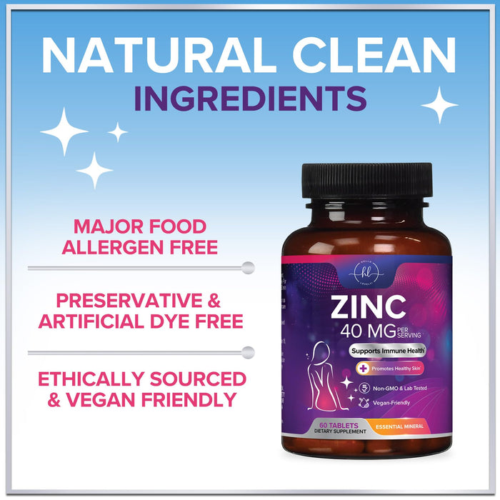 Zinc Supplements for Women and Men - 40mg Supplement for Immune Support, Skin Health Support, & Antioxidant Supplement for Adults, High Potency Zinc Gluconate 40 mg, Non-GMO - 60 Tablets