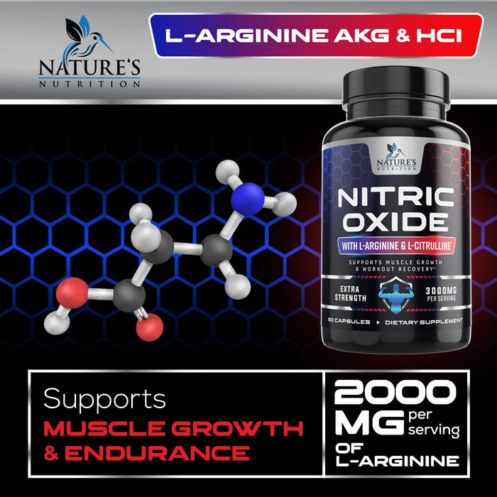 Nitric Oxide Booster Extra Strength 3000mg - L Arginine 3X Strength Nitric Oxide Supplements for Men and Women, Citrulline, Supports Muscle, Heart Health & Energy Supplement, Non-GMO - 60 Capsules