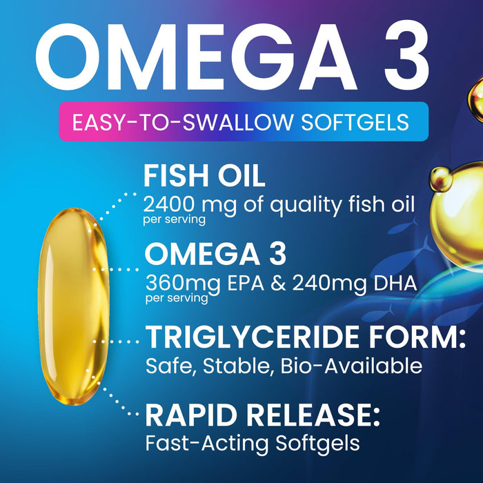 Omega 3 Fish Oil 2400 mg Supplement, Sustainably Sourced, Triple Strength Omega-3 Supplement Softgels, Brain Health Support, EPA & DHA Fish Oil Fatty Acids Supplements, Gluten & GMO Free, 120 Softgels