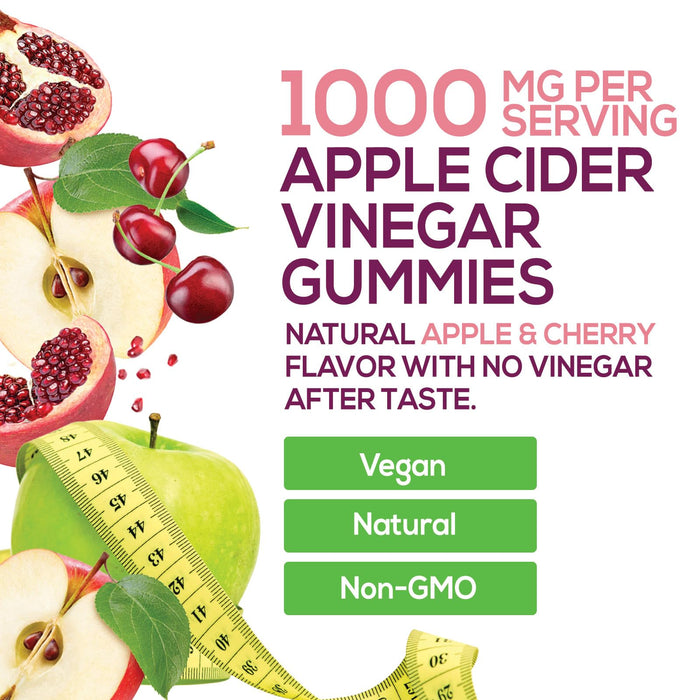 Vegan Apple Cider Vinegar Gummy 1000mg - Sugar Free ACV Gummies Vitamins Supplement with Vitamin B12 for Energy - Supports Digestion, Detox and Cleanse - Gelatin-Free, Non-GMO - 60 Gummies