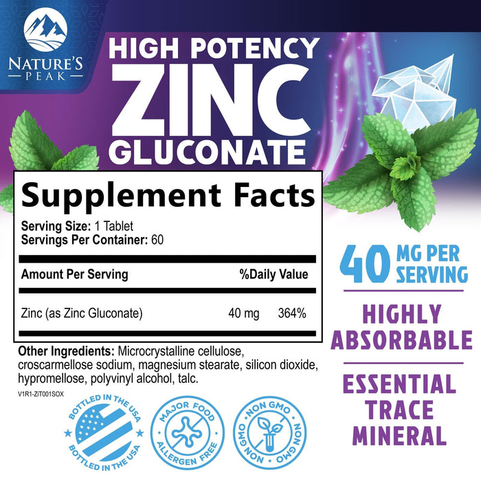 Zinc Supplement 40mg - Immune Support for Women & Men - High Potency Antioxidant, Chelated for Superior Absorption, Dietary Supplement Vitamin for Immune Health Support - 60 Tablets (60 Day Supply)