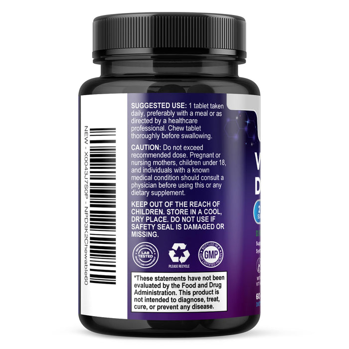 Vitamin D3 K2 - 5000 iu Vitamin D3 & 100 mcg Vitamin K2 (MK-7) Complex for Immune Support - Bone, Teeth & Muscle Health Support - Berry Chewable, Gluten Free, Non-GMO, Made in USA - 60 Tablets