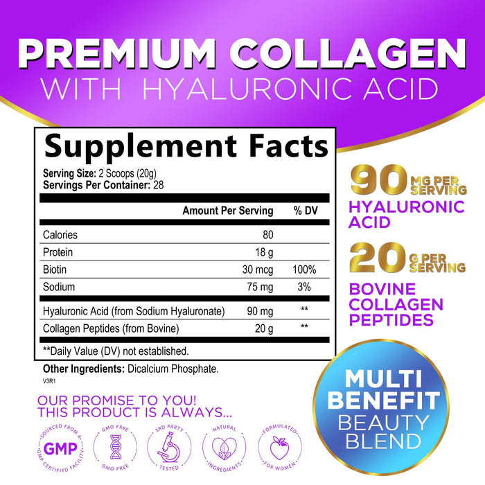 Collagen Peptides Powder Unflavored - Supports Hair, Nail, Skin, Bone & Joint Health - Grass Fed Hydrolyzed Powder Type I & III, Best Collagen Supplements with Hyaluronic Acid & Biotin - 28 Servings