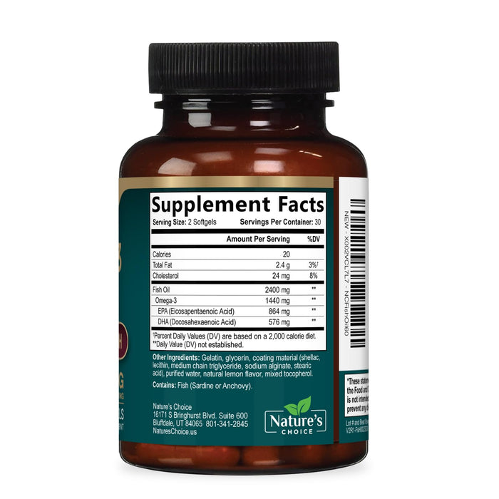 Omega 3 Fish Oil Supplement 2400 mg - Triple Strength EPA & DHA Fish Oil Omega 3, Essential Fatty Acids Supplement Softgels, Brain & Heart Health Support Supplements, Gluten Free Non-GMO, 60 Softgels