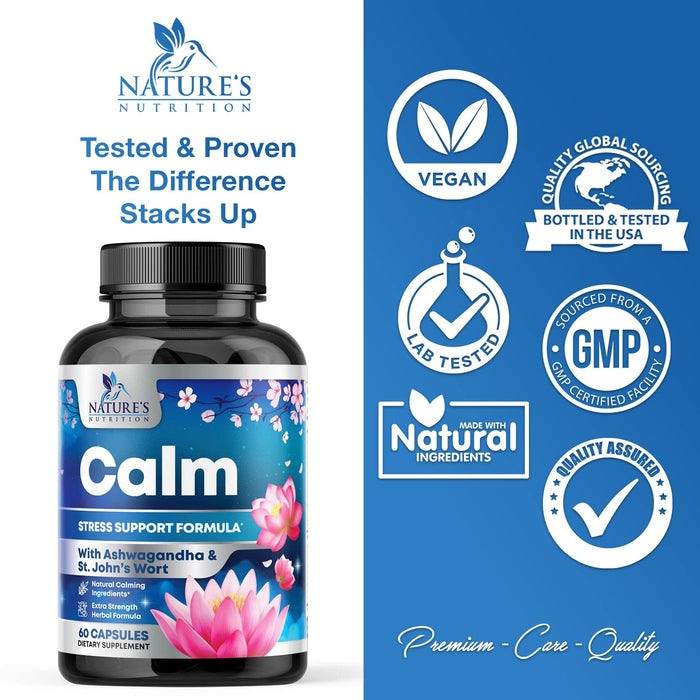 Natural Calm, Unwind & Relax Support with Ashwagandha, GABA, Magnesium, 5-HTP, L-Theanine & B Vitamins, Natural Focus, Energy & Immune Support - Nature's Non-GMO, Vegan, Gluten Free - 60 Capsules