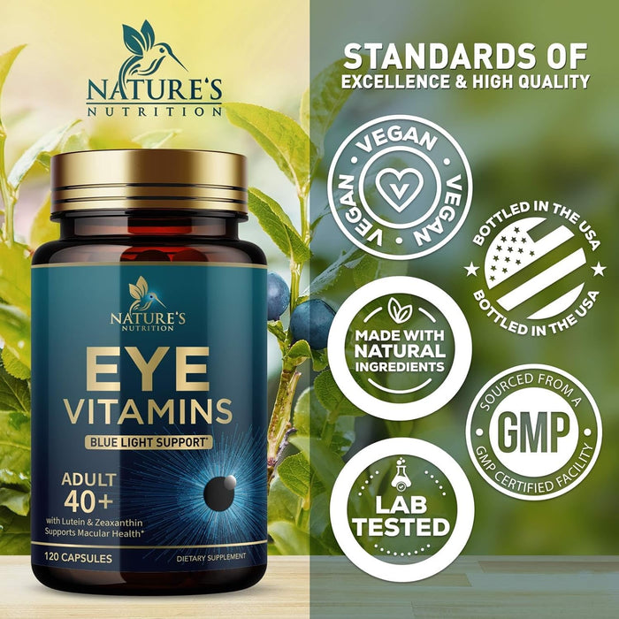 Eye Vitamins & Mineral Supplement - Contains Lutein, Zinc, Vitamins C, E & Zeaxanthin - Supports Eye Strain, Vision Macular Health & Dry Eyes for Seniors with Lycopene, Gluten Free - 120 Capsules