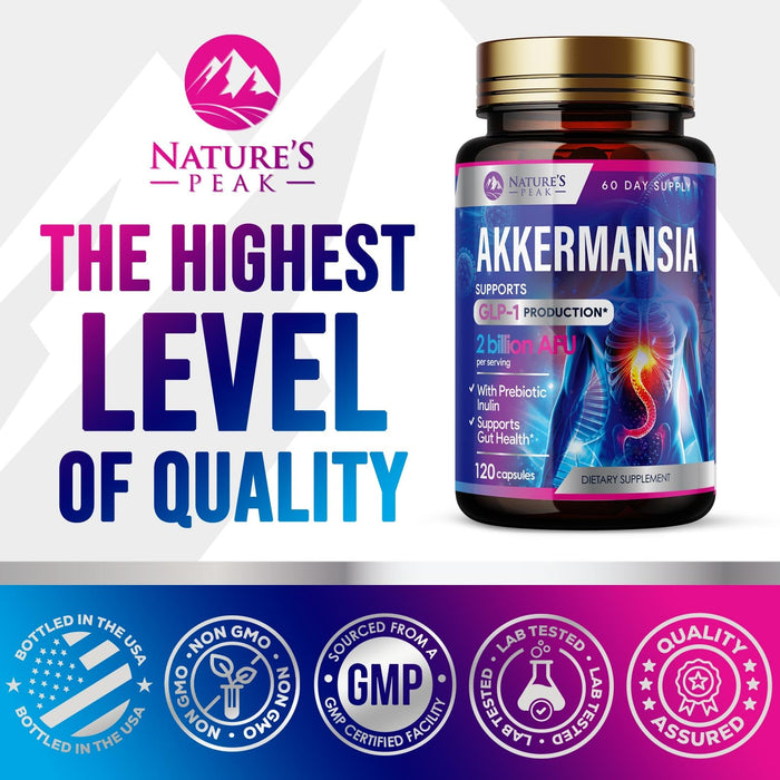 Akkermansia Probiotic Supplement - 2 Billion AFU GLP-1 Supplement with Prebiotic Fiber - Akkermansia Muciniphila GLP-1 Probiotics for Women & Men - Digestive, Gut & Immune Support - 120 Capsules