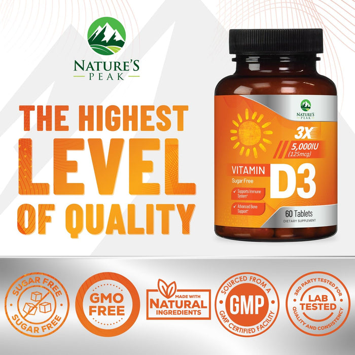 Vitamin D3 5000iu (125 mcg) Immune Health Support - High Potency Vitamin D Dietary Supplement for Bone, Teeth, Muscle - Nature's VIT D, Vegan, Gluten Free, Raspberry Flavor - 60 Chewable Tablets